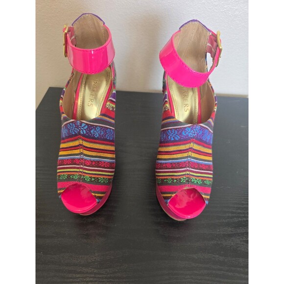 TALL Wedge funky multicolor heels with ankle straps women's size 6 - Picture 3 of 9